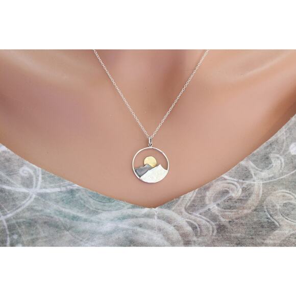 Large Sterling Silver Mountain Sunset Pendant with Bronze Sun - Picture 1 of 4